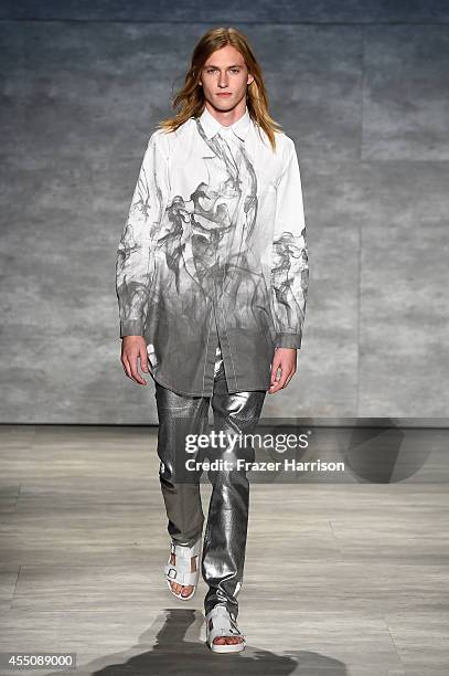 Model walks the runway at the Skingraft fashion show during Mercedes-Benz Fashion Week Spring 2015 at The Pavilion at Lincoln Center on September 9,...