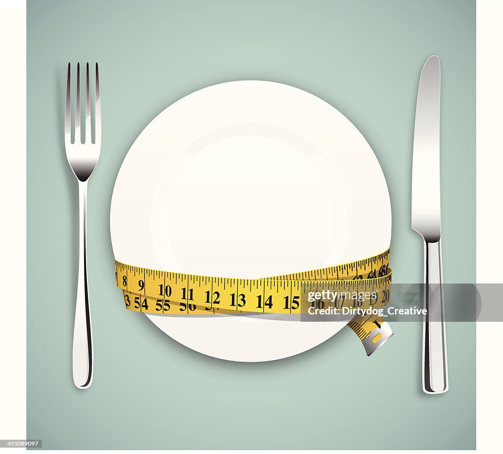 Diet concept, empty plate, tape measure with knife and fork