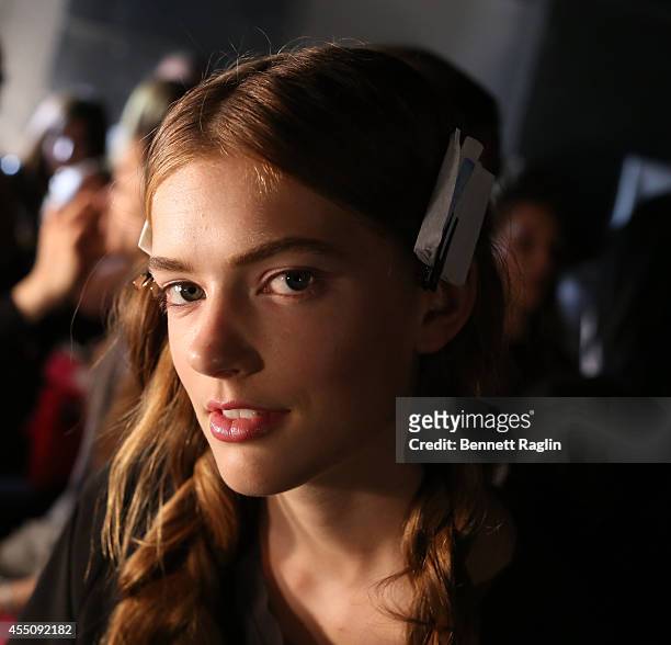 General view of a model backstage during Narciso Rodriguez during Mercedes-Benz Fashion Week Spring 2015 at SIR Stage 37 on September 9, 2014 in New...