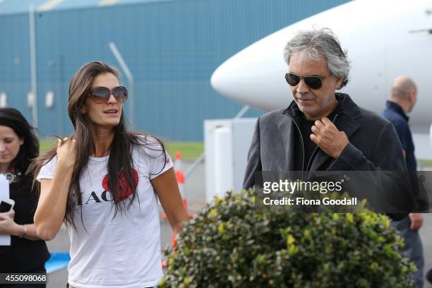 Italian singer, Andrea Bocelli arrives with his wife Veronica Berti at the Auckland International Airport on September 10, 2014 in Auckland, New...