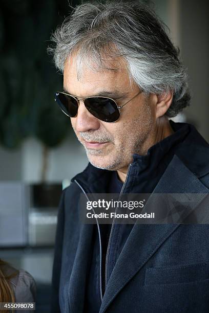 Italian singer, Andrea Bocelli speaks to media after he arrives with his family at the Auckland International Airport on September 10, 2014 in...