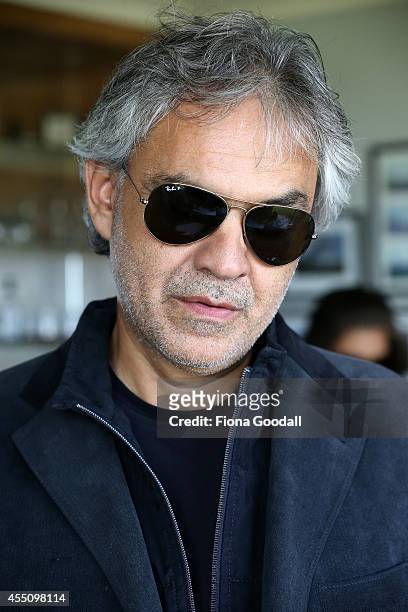 Italian singer, Andrea Bocelli speaks to media after he arrives with his family at the Auckland International Airport on September 10, 2014 in...