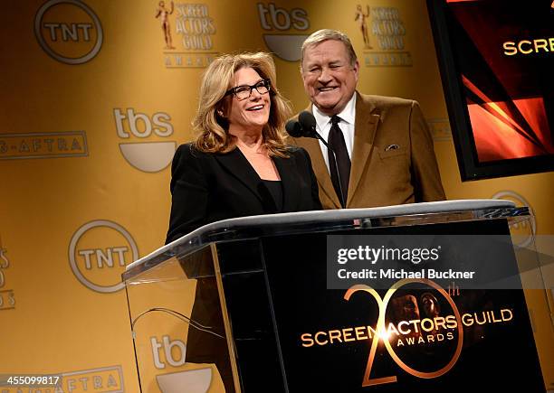 President Lisa Paulsen and CEO and SAG-AFTRA President Ken Howard speak at the 20th Annual Screen Actors Guild Awards Nominations Announcement at...