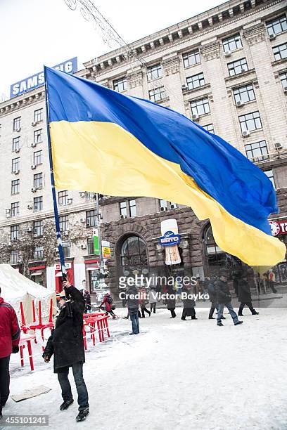 Protester waving a huge flag of Ukraine near the Maidan Square on December 11, 2013 in Kiev, Ukraine. Thousands have been protesting against the...