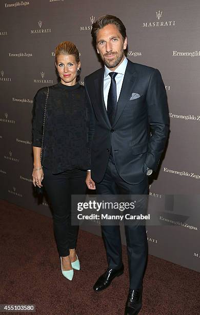 Henrik Lundqvist with his wife Therese Andersson attend the Maserati and Ermenegildo Zegna Event celebrating the One of 100 Maserati Quattroporte...