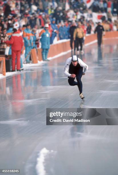 Dan Jansen skates in the Men's Speed Skating competition of the 1984 Winter Olympics held in February 1984 at the Zetra Ice Rink in Sarajevo,...