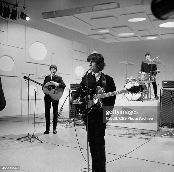 The Beatles final performance on THE ED SULLIVAN SHOW. Image dated August 14, 1965. From left: Paul McCartney, George Harrison, Ringo Starr.