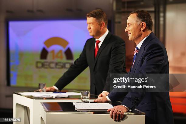 In this handout image provided by TV3, Prime Minister John Key and Labour Leader David Cunliffe go head to head at the TV3 leader's debate on...