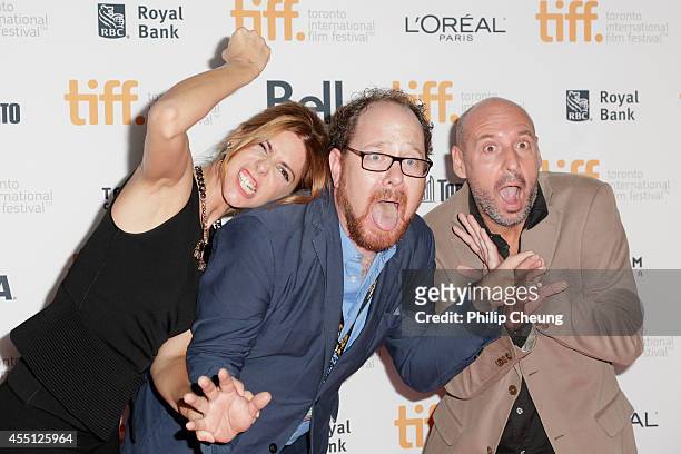 Actress Manuela Velasco, TIFF programmer Colin Geddes and director/screenwriter Jaume Balaguero attend the "[REC]4 Apocalypse" premiere during the...