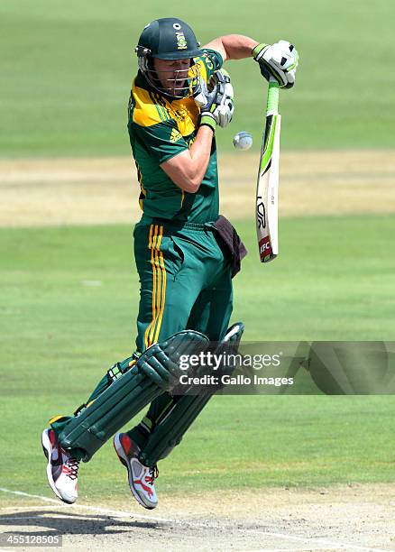 De Villiers of South Africa fends off a bouncer during the 3rd Momentum ODI match between South Africa and India at SuperSport Park on December 11,...