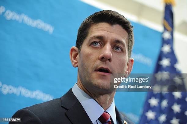 Chairman of the House Budget Committee Rep. Paul Ryan offers remarks while joined by others form the GOP leadership, during a media availability...