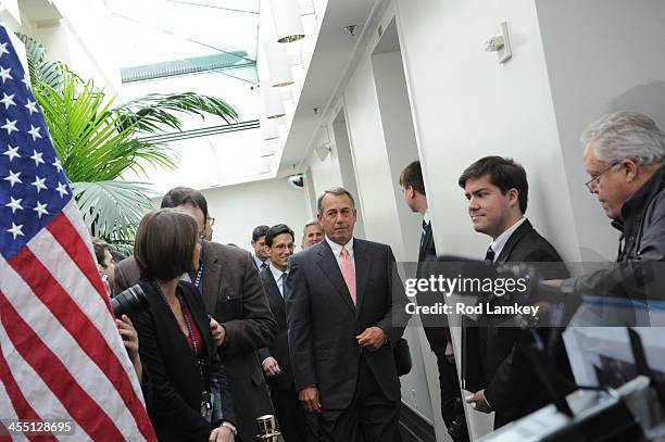 House Speaker John Boehner arrives with GOP leadership for a media availability following the Republican Conference meeting at the U.S. Capitol,...