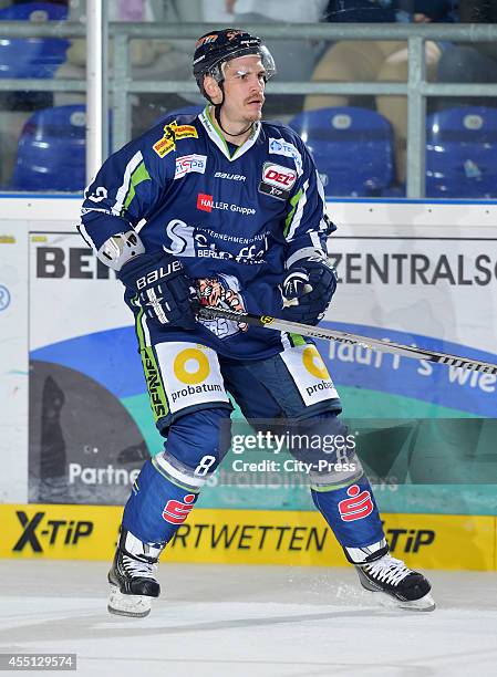 Sebastian Osterloh of Straubing Tigers in action during the action shot on august 15, 2014 in Straubing, Germany.