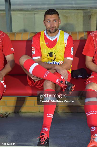 Torsten Mattuschka of 1 FC Union Berlin sits on the substitutes' bench before the game between 1 FC Union Berlin and Fortuna Duesseldorf on august 8,...