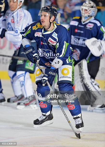Sebastian Osterloh of Straubing Tigers during the action shot on august 15, 2014 in Straubing, Germany.