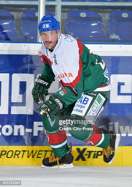 Ivan Ciernik of Augsburger Panther is concentrated during the action shot on august 15, 2014 in Straubing, Germany.