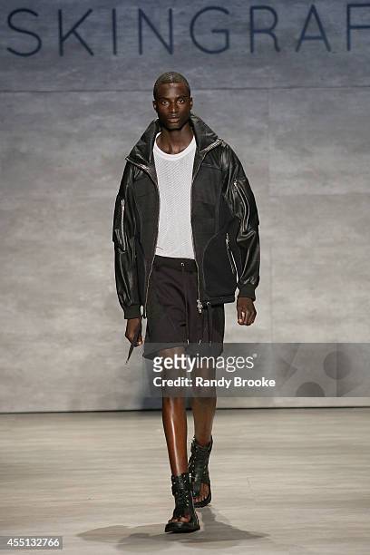 Model walks the runway at Skingraft during Mercedes-Benz Fashion Week Spring 2015 at The Pavilion at Lincoln Center on September 9, 2014 in New York...