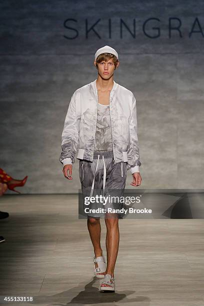 Model walks the runway at Skingraft during Mercedes-Benz Fashion Week Spring 2015 at The Pavilion at Lincoln Center on September 9, 2014 in New York...