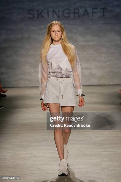 Model walks the runway at Skingraft during Mercedes-Benz Fashion Week Spring 2015 at The Pavilion at Lincoln Center on September 9, 2014 in New York...