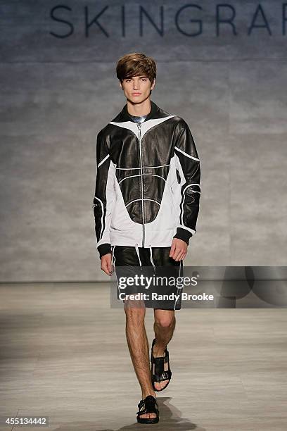 Model walks the runway at Skingraft during Mercedes-Benz Fashion Week Spring 2015 at The Pavilion at Lincoln Center on September 9, 2014 in New York...