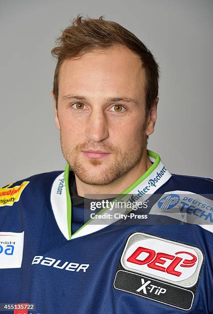 Thomas Goedtel of Straubing Tigers during the portrait shot on august 15, 2014 in Straubing, Germany.