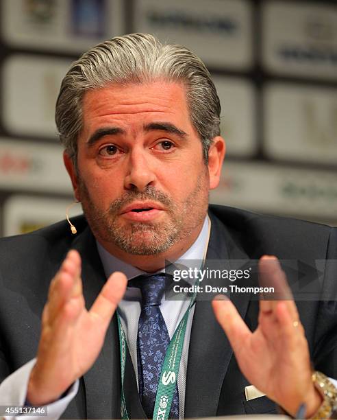 Emanuel Medeiros, CEO of ICSS Europe and Latin America, addresses delegates during the discussion about match fixing in football during the Soccerex...