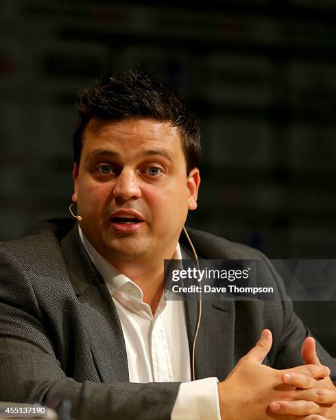 Darren Small, Director of Sportradar, addresses delegates during the discussion about match fixing in football during the Soccerex European Forum...