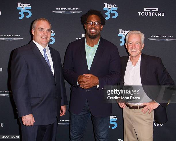 John Donnelly ,Dhani Jones and Eric Schureneberg attend Inc. Magazine 35th Anniversary Party at Tourneau Time Machine on September 9, 2014 in New...