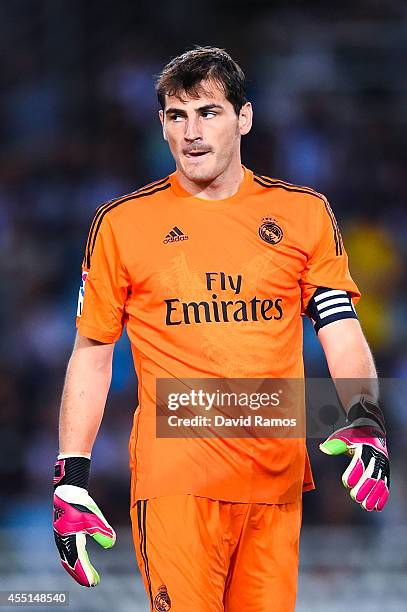 Iker Casillas of Real Madrid CF looks on during the La Liga match between Real Sociedad de Futbol and Real Madrid CF at Estadio Anoeta on August 31,...