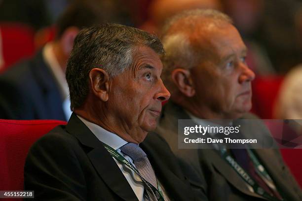 David Dein, former vice-chairman of Arsenal Football Club, left, and Rick Parry, former chief executive of Liverpool Football Club, listen during the...