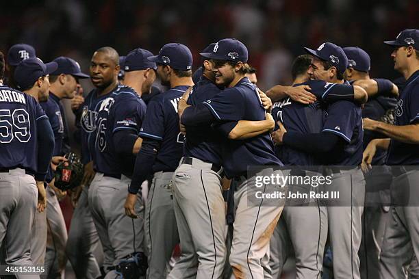 Players of the Tampa Bay Rays celebrate during the American League Wild Card game against the Cleveland Indians on Wednesday, October 2, 2013 at...