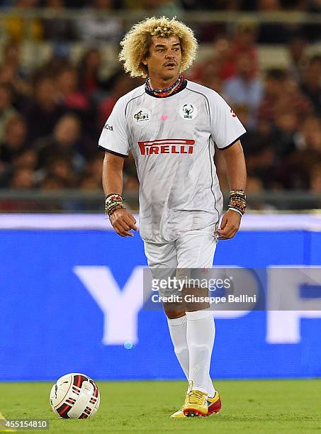 Carlos Valderrama in action during Interreligious Match for Peace at Olimpico Stadium on September 1, 2014 in Rome, Italy.