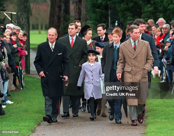 Members of The Royal Family attend the annual Christmas Day service at Sandringham Church, on December 25 1998 in Sandringham, England.