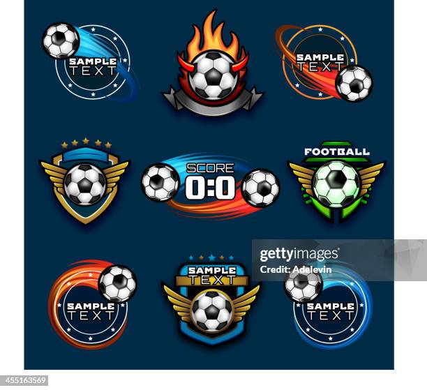 verschiedene fußball-embleme - fußball wettbewerb stock-grafiken, -clipart, -cartoons und -symbole