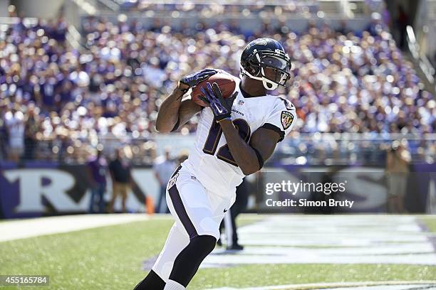 Baltimore Ravens Jacoby Jones in action, making catch vs Cincinnati Bengals at M&T Bank Stadium. Baltimore, MD 9/7/2014 CREDIT: Simon Bruty