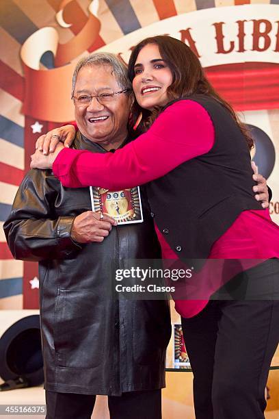 Tania Libertad and Armando Manzanero pose for a photo during the presentation of Tanias new album Tania Libertad Manzanero: a 3 Pistas at W Hotel on...