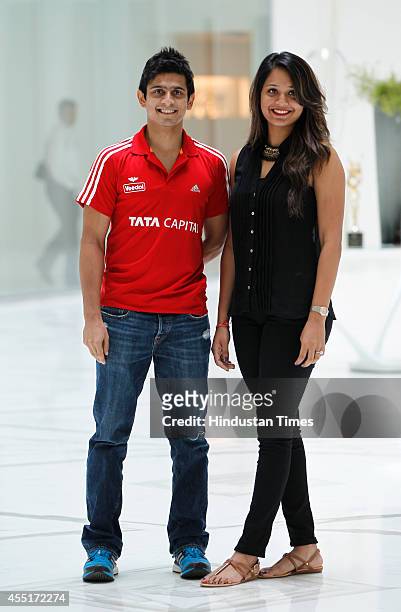 Squash players Saurav Ghosal and Dipika Pallikal during a press conference to announce the JSW Indian Squash Challenger Circuit on September 10, 2014...