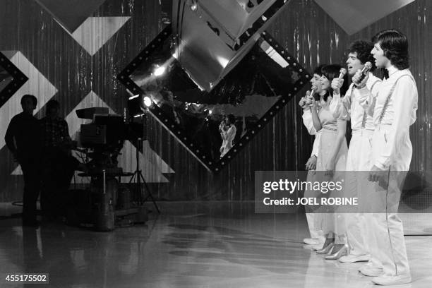 Picture taken on April 20, 1979 in Paris shows Israeli singer Gali Atari and her group Milk and Honey performing at the Butte Chaumont television...