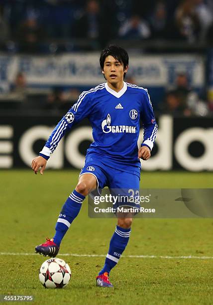 Atsuto Uchida of Schalke controls the ball during the UEFA Champions League Group E match between FC Schalke 04 and FC Basel 1893 at the...