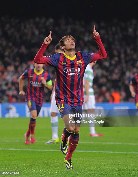 Neymar of FC Barcelona celebrates after scoring his team's 4th goal during the UEFA Champions League, Group H match between FC Barcelona and Celtic...