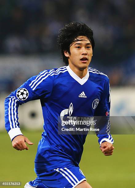 Atsuto Uchida of Schalke in action during the UEFA Champions League Group E match between FC Schalke 04 and FC Basel 1893 at the Veltins-Arena on...