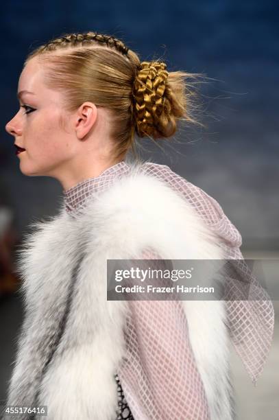 Model walks the runway at the Bibhu Mohapatra fashion show during Mercedes-Benz Fashion Week Spring 2015 at The Pavilion at Lincoln Center on...