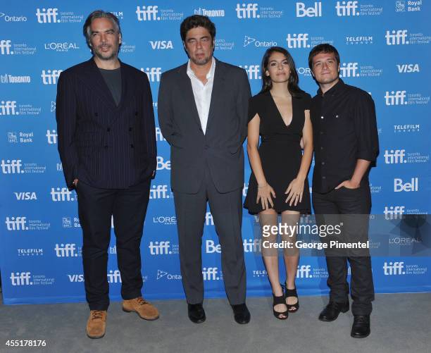 Director Andrea Di Stefano, actor Benicio del Toro, actress Claudia Traisac and actor Josh Hutcherson pose at "Escobar: Paradise Lost" Press...