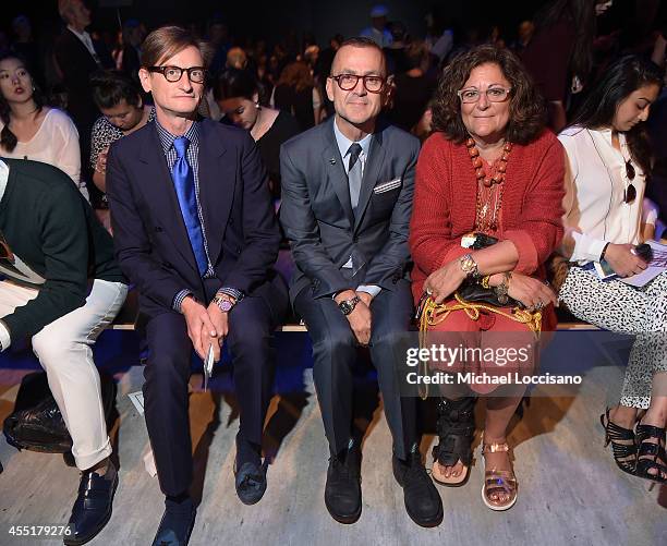 Hamish Bowles, Steven Kolb, and Fern Mallis attend the Bibhu Mohapatra fashion show during Mercedes-Benz Fashion Week Spring 2015 at The Pavilion at...