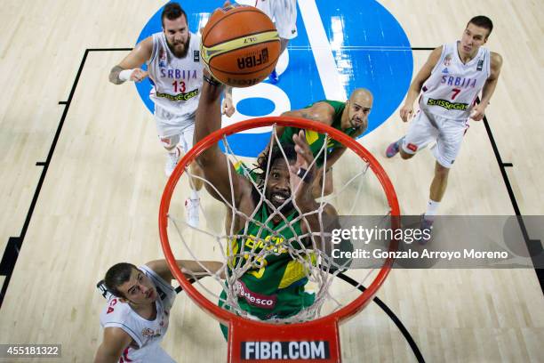 Nene Hilario of Brazil shoots against the Serbians during the 2014 FIBA World Basketball Championship quarter final match between Serbia and Brazil...