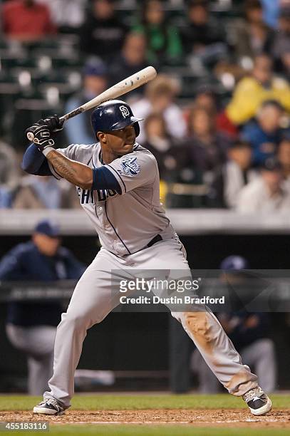 Rymer Liriano of the San Diego Padres bats against the Colorado Rockies during a game at Coors Field on September 5, 2014 in Denver, Colorado.