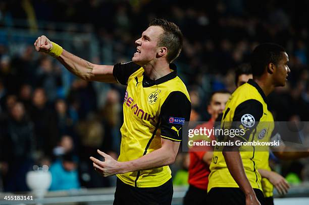 Kevin Grosskreutz of Borussia Dortmund celebrates after scoring his team's second goal during the UEFA Champions League Group F match between...