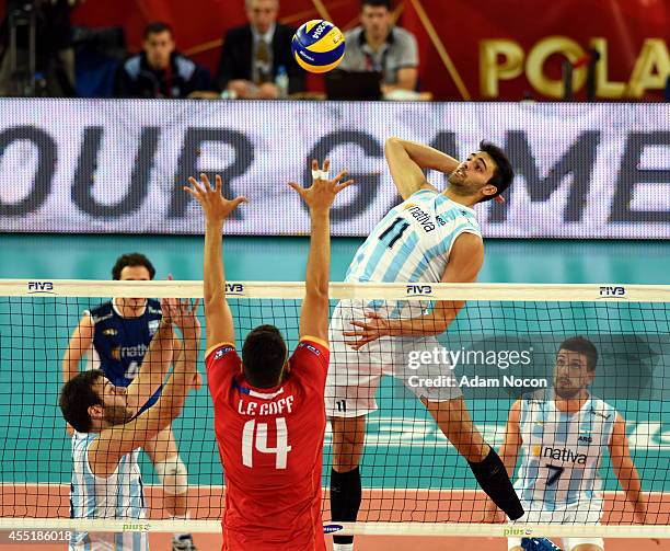 Argentina's Sebastian Sole attacks during the FIVB World Championships match between Argentina and France on Septembert 10, 2014 in Bydgoszcz, Poland.