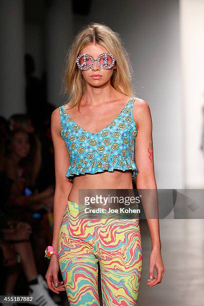 Model Stella Maxwell walks the runway at the Jeremy Scott fashion show during MADE Fashion Week Spring 2015 at Milk Studios on September 10, 2014 in...