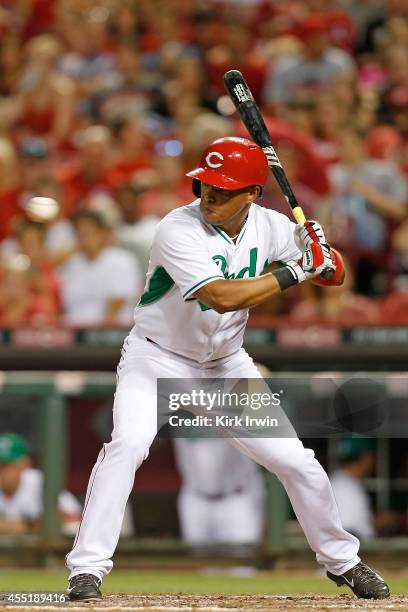 Ramon Santiago of the Cincinnati Reds takes an at bat during the game against the New York Mets at Great American Ball Park on September 5, 2014 in...